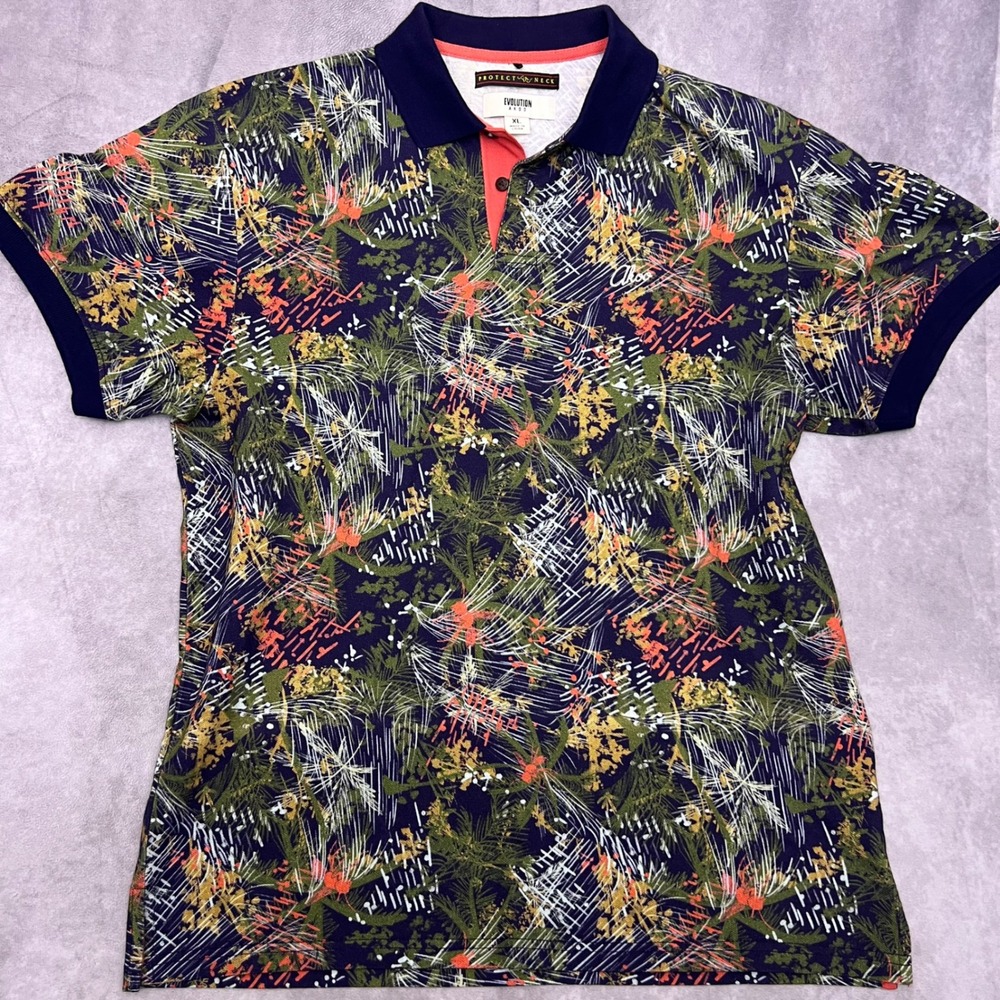 Evolution AKOO Polo Shirt Mens XL Blue Abstract Tropical Palm RN98011